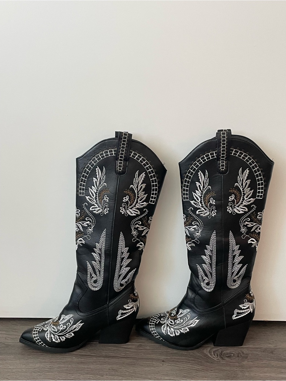 Black Western Embroidered Knee-High Boots